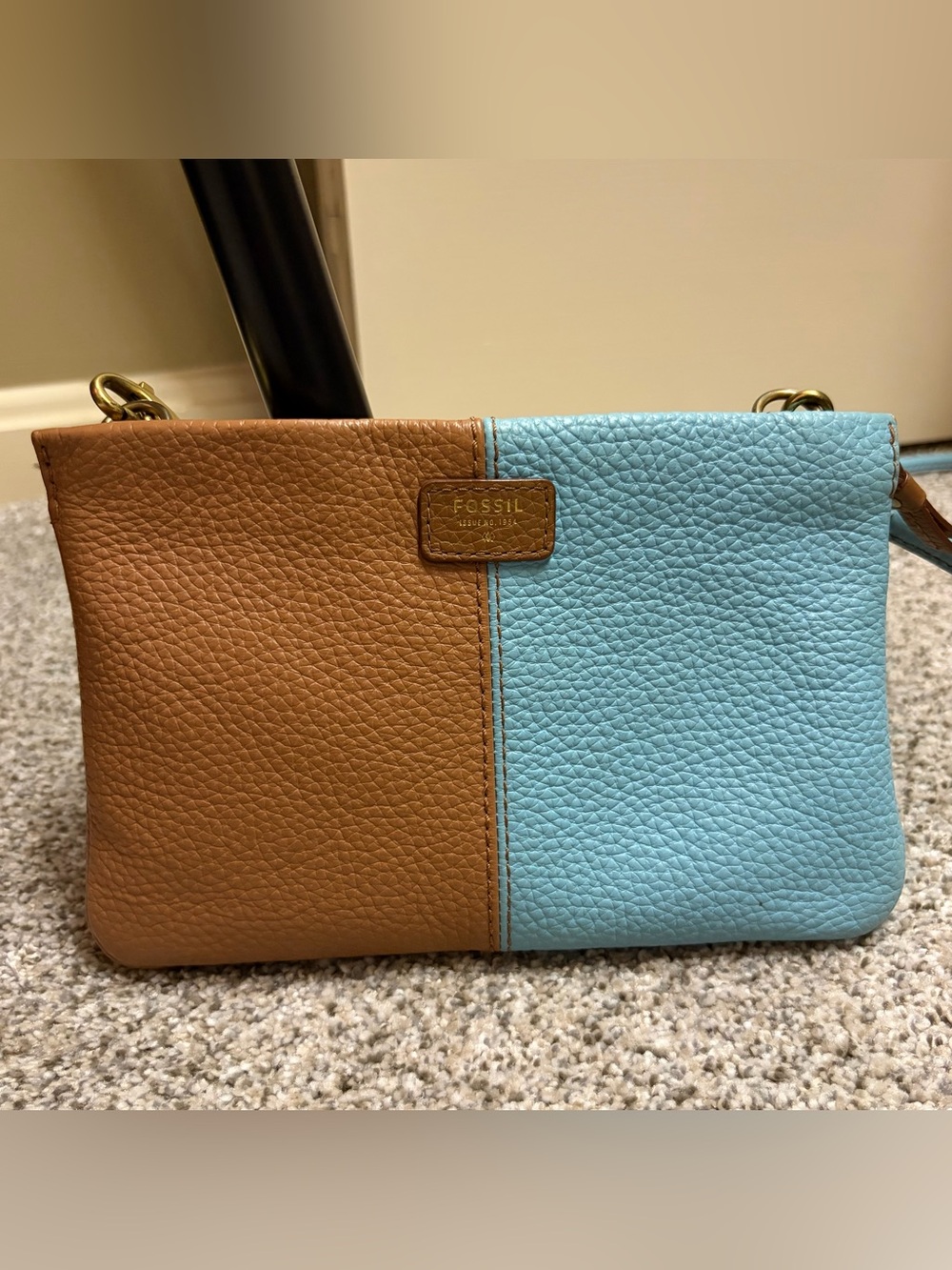 Fossil Two-Tone Colorblock Brown & Blue Pebbled Leather Crossbody Bag